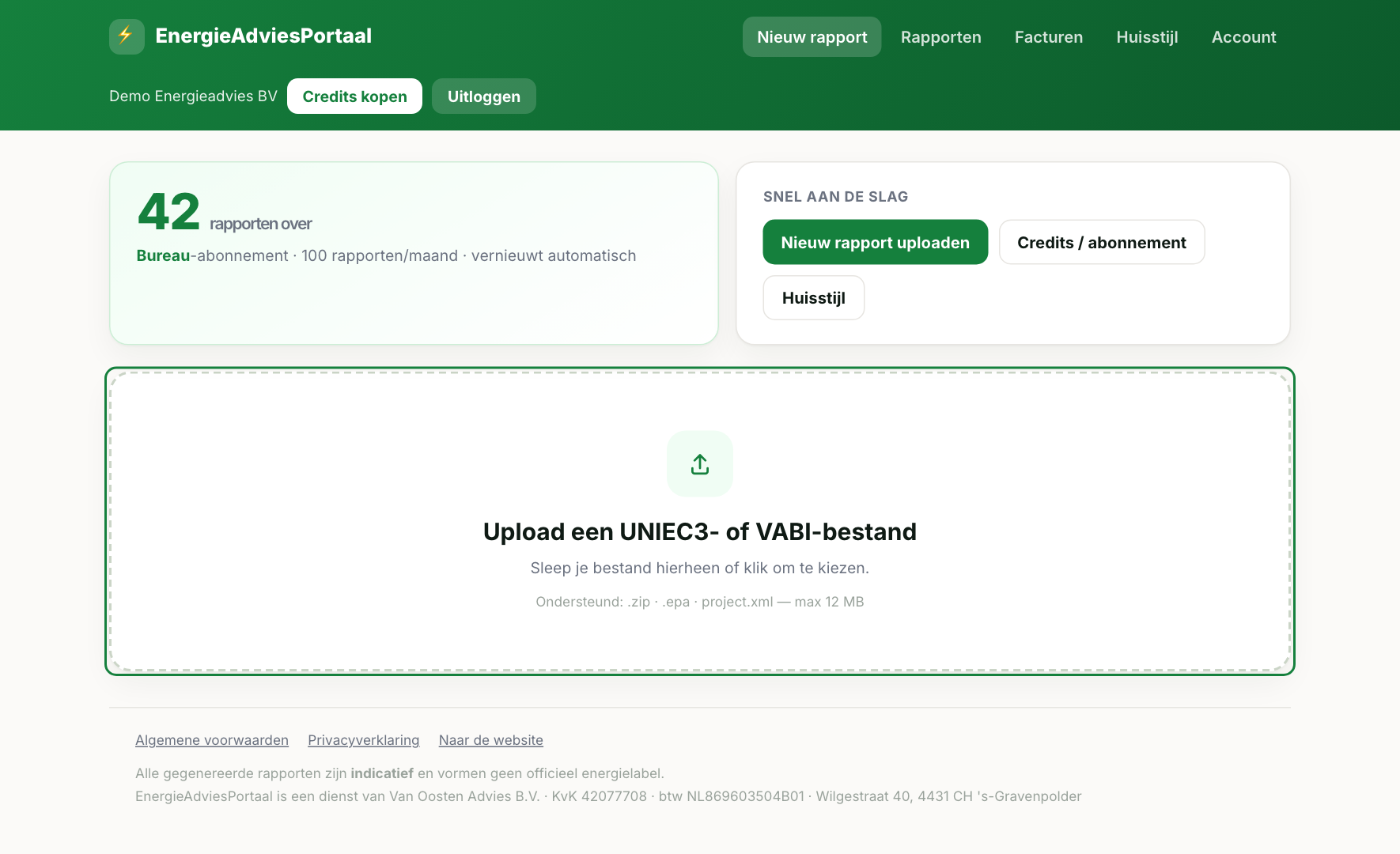 Het EnergieAdviesPortaal-portaal: het dashboard met saldo, navigatie en het uploadscherm voor UNIEC3- en VABI-bestanden.